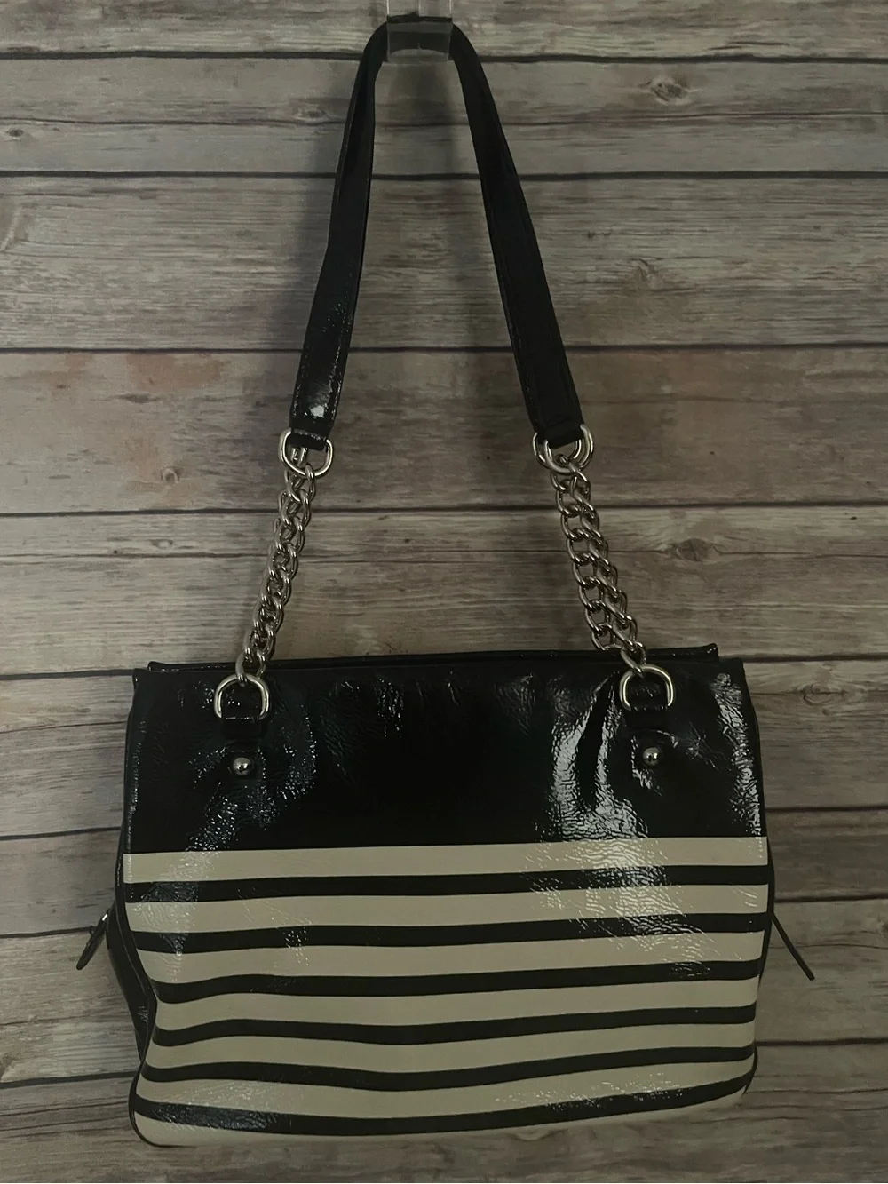Kate Spade Cooper Square Darcy Black Cream Patent Leather Striped Shoulder Bag